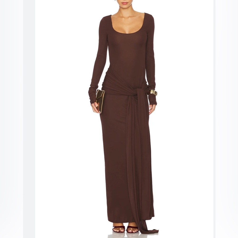 Elegant 2 PC Chocolate Brown Rib Knit Long Sleeve top and High Waist Skirt